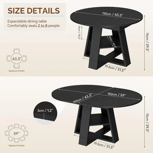 Vista 2 de Aivermel Mesa de comedor ovalada extensible de 43.3 a 59 pulgadas para 4-6, mesa de comedor redonda de madera de ingeniería con almacenamiento