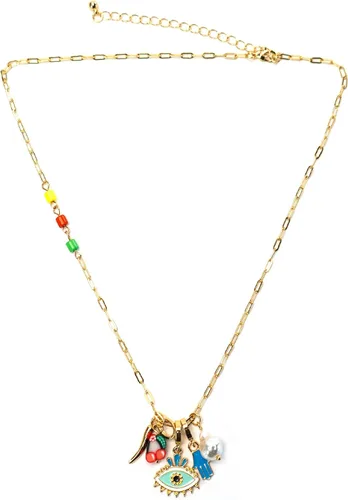 Vista 2 de Collar de protección con colgante de clip - Collar con colgante con cuerno italiano de mal de ojo y perlas de pie