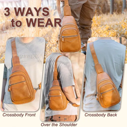 Vista 3 de Bolso bandolera de cuero genuino para hombres y mujeres, bolso de hombro cruzado, mochila de pecho, bolso de mano casual