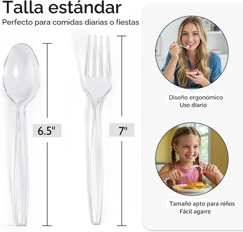 Vista 2 de Juego de cubiertos de plástico desechable de plata [200 unidades], juego de tenedores y cucharas de plástico resistentes, juego de cubiertos