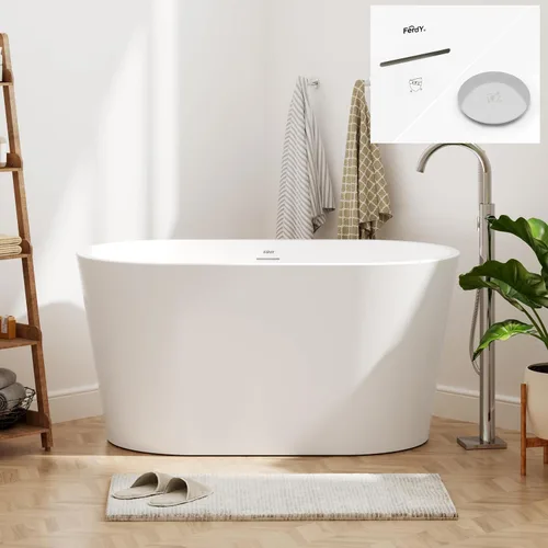 Vista 18 de FerdY 47" Bali - Bañera de acrílico independiente, bañera de inmersión independiente con forma elegante, certificada cUPC, drenaje de níquel Drenaje