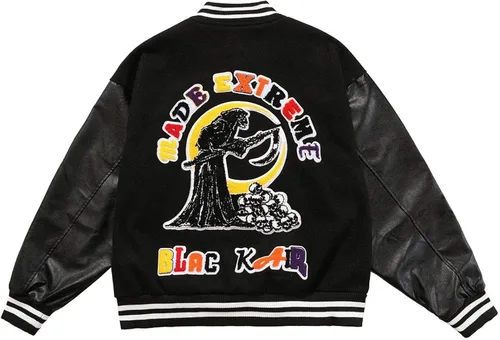 Vista 5 de Aelfric Eden Chaqueta de motocicleta para hombre, chaqueta de béisbol Blackair Moto Varsity para mujer, abrigos vintage