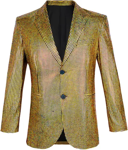 Vista 5 de Nawgut Conjunto de 2 piezas de blazer metálico con lentejuelas, traje brillante para boda, fiesta, banquete, chaqueta de moda, pantalón para hombre