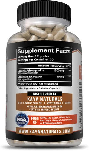 Vista 2 de Kaya Naturals Ashwagandha Cápsulas Extra Strength - Fórmula para aliviar el estrés, apoyo natural del estado de ánimo, estrés, enfoque y suplemento