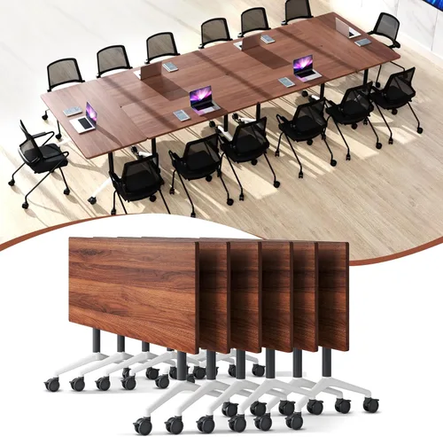 Vista 12 de Mesa de sala de conferencias, mesa de conferencias de 55.1 pulgadas con ruedas, moderna mesa de entrenamiento de conferencias de color madera Nuez