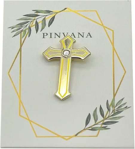 Vista 7 de PINVANA Pin de solapa de cruz religiosa esmalte dorado con diamantes de imitación