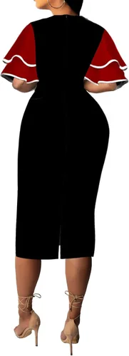 Vista 2 de Yiershu Elegante vestido de tubo para mujer, manga corta con volantes, cuello redondo, vestido de cóctel con cremallera