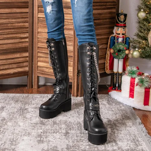 Vista 8 de Parisuit Botas góticas altas hasta la rodilla con hebilla de plataforma para mujer, tacón alto grueso, con cordones, botas de combate punk, con Negro