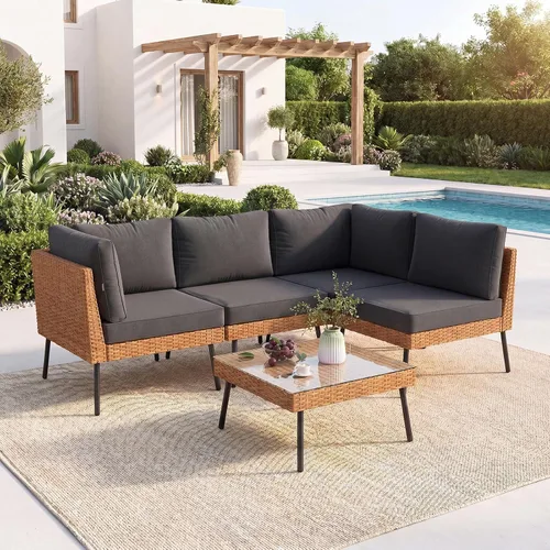 Vista 20 de Aoxun Juego de muebles de patio de 7 piezas con mesa auxiliar, color beige Muebles de mimbre para exteriores con cojines gruesos resistentes al