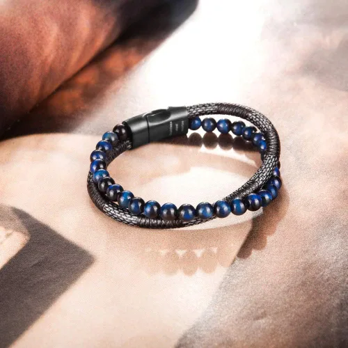 Vista 4 de murtoo - Pulsera de piel con cuentas o abalorios para hombre cuentas naturales acero y piel
