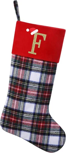 Vista 16 de Calcetines de Navidad personalizados con monograma inicial, adornos colgantes, medias clásicas de cuadros negros de 19 pulgadas, decoraciones