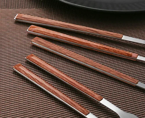 Vista 5 de Juego de cubiertos de madera de 30 piezas para 6 cubiertos de acero inoxidable duraderos, juego de cubiertos de madera modernos para el hogar
