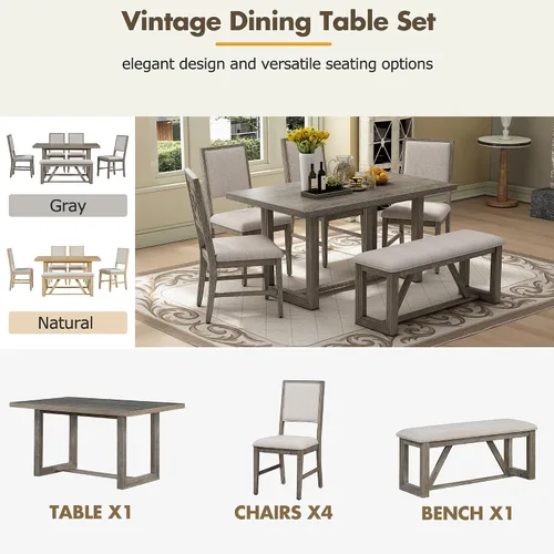 Vista 5 de Merax Juego de mesa de comedor retro de 60 pulgadas, mesa de cocina rectangular de madera con 4 sillas tapizadas y 1 banco para comedor y cocina Gris
