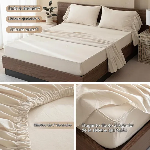 Vista 4 de QSH Juego de sábanas de algodón 100% Queen, sábanas con volantes de trigo para granja, ropa de cama vintage chic shabby 3 piezas, juego de cama