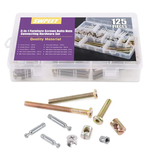 Vista 5 de 125 piezas 3 en 1 Kit de montaje de tuerca de perno de leva con tornillo de fijación de gabinete de muebles, montaje de leva con accesorios