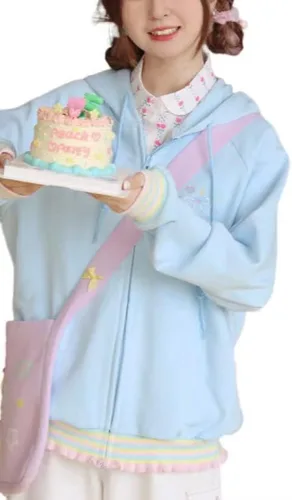 Vista 2 de Sudadera con capucha para mujer, con bordado de corazón japonés, dobladillo de encaje de caramelo, holgada, con cremallera kawaii, sudadera