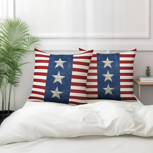Vista 5 de Juego de 2 fundas de almohada de 16 x 16 pulgadas, diseño patriótico de bandera estadounidense con estrellas para exteriores, estilo casa de campo