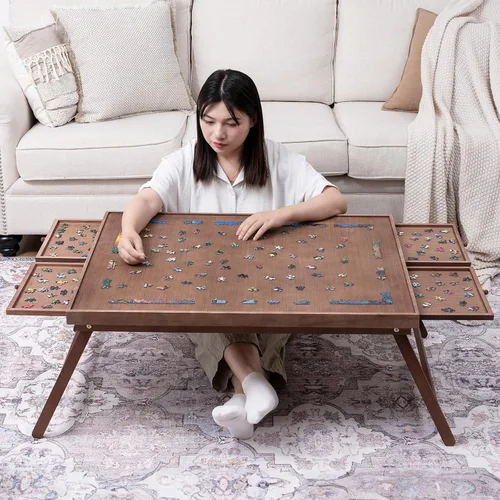 Vista 8 de TEAKMAMA Tablero de rompecabezas de madera de 1500 piezas con 4 cajones, mesa de rompecabezas plegable con cubierta protectora, tablero de Marrón