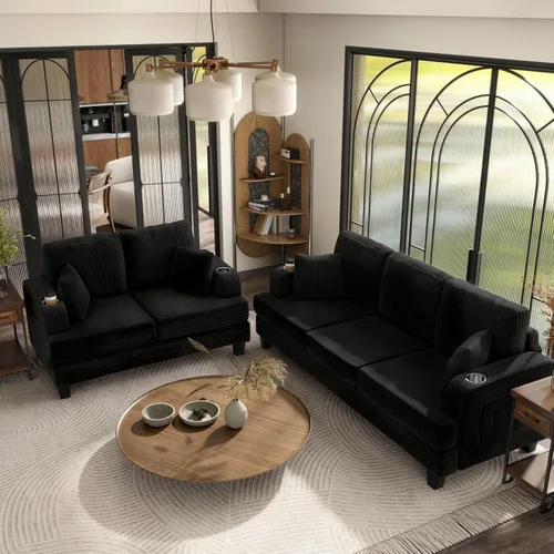 Vista 16 de HOMES: Inside + Out Reese - Moderno juego de sofá de 2 piezas con bolsillos laterales, portavasos y puertos USB, sofá suave de madera y cómodo sofá