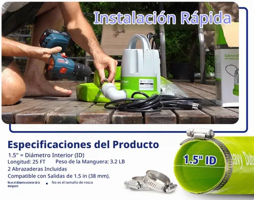 Vista 3 de Green Expert - Kit de bomba sumergible de sumidero de 1/3 HP con manguera de descarga plana de 25 pies, bomba con manguera, sensor de agua, bomba