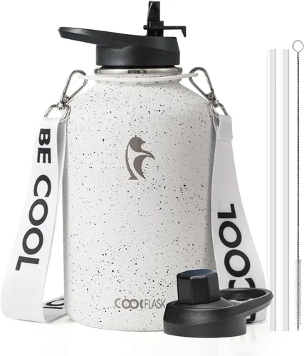 Vista 39 de Botella de agua Coolflask de 40 onzas con correa, botella de agua metálica aislada con popote y tapas con pico, acero inoxidable de doble pared al
