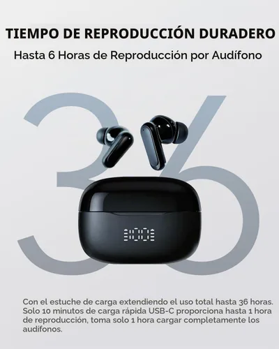 Vista 3 de Auriculares inalámbricos T8 Bluetooth con micrófono, pantalla de alimentación LED, graves profundos, auriculares ergonómicos intrauditivos Negro