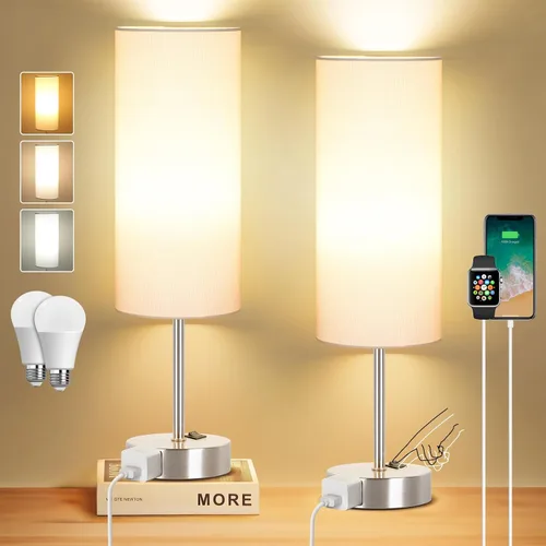 Vista 13 de ZJOJO Juego de 2 lámparas de mesa para dormitorio, lámparas pequeñas de noche con interruptor basculante regulable de 3 vías y toma de corriente