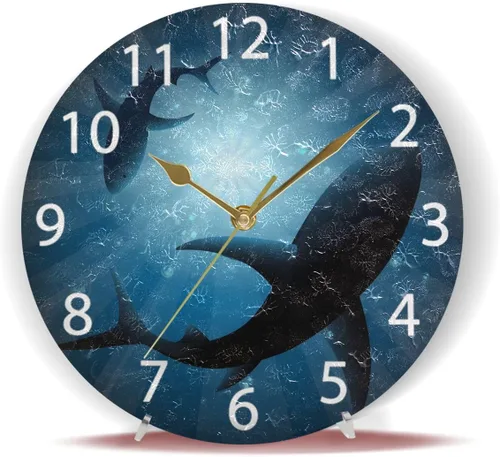 Vista 6 de senya Reloj de pared redondo de tiburones bajo el agua, pintura al óleo silenciosa sin tictac, decorativo para el hogar, oficina, escuela, reloj