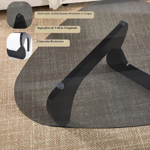 Vista 3 de LukeAlon Mesa auxiliar triangular moderna color negro y gris, parte superior de vidrio templado y base de madera, mesa auxiliar geométrica abstracta
