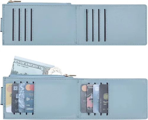 Vista 4 de Chelmon Billetera delgada para mujer, con bloqueo RFID, plegable, con bolsillo con cremallera, Azul, Minimalista