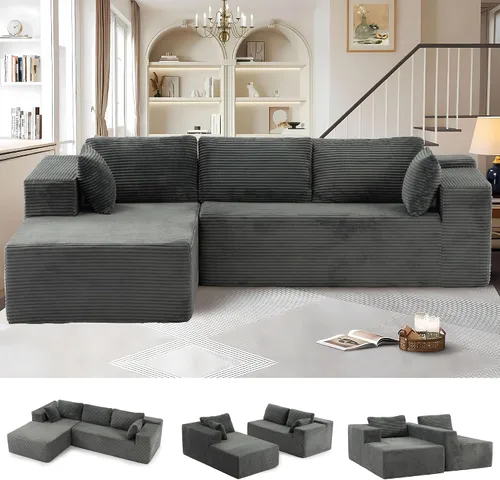 Vista 7 de Sofá modular modular en forma de L de 104 pulgadas con diván, sofá deshuesado similar a una nube, tapicería de pana transpirable, no requiere Beige