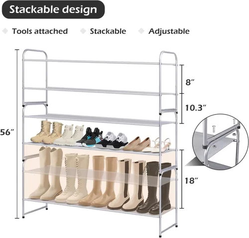 Vista 4 de MISSLO Zapatero largo de 2 niveles para armario, organizador de zapatos con capacidad para 18 pares, estante de almacenamiento de zapatos ancho