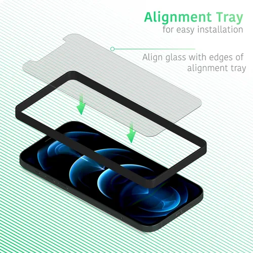 Vista 6 de TalkWorks Protector de pantalla de vidrio templado prémium para iPhone 12/12 Pro, iPhone 13/13 Pro, iPhone 14 – Incluye bandeja de instalación