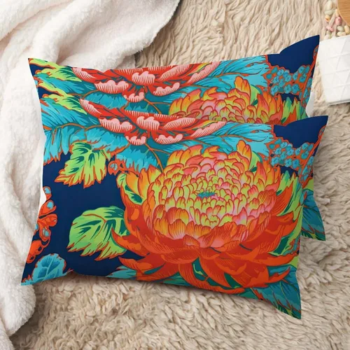 Vista 54 de Juego de 2 almohadas coloridas de estilo chinoiserie, color rosa intenso, azul real, peonía, floral, blanco, lino, estilo chinoiserie, para sofá