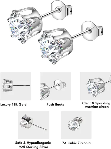 Vista 2 de Augell Juego de 5 pares de aretes de plata de ley 925, hipoalergénicos, de oro de 18 quilates, circonita cúbica para mujeres y hombres, regalo
