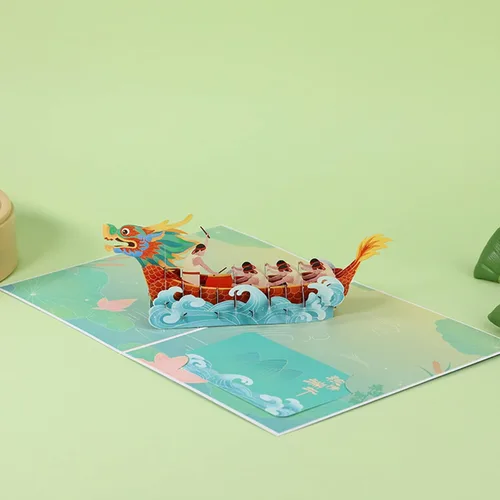 Vista 7 de Tarjeta de felicitación del festival de barcos del dragón chino, tarjetas de papel emergentes 3D con sobre para fiesta de Año Nuevo, regalo del día