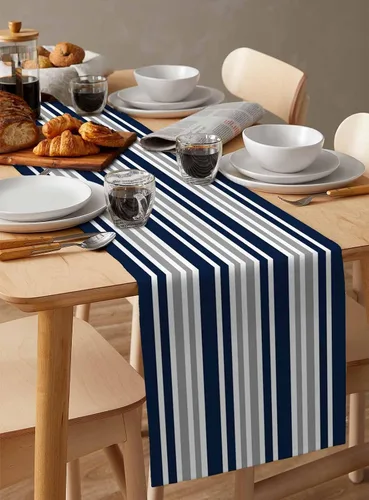 Vista 7 de Camino de mesa a rayas, color azul marino, gris, blanco, algodón, bufandas pequeñas de 36 pulgadas, para cocina, café, comedor, sofá, dormitorio