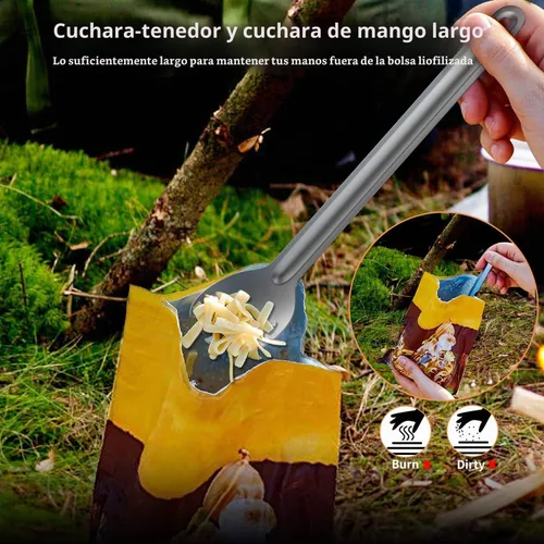 Vista 3 de OUTXE Spork y Cuchara de Mango Largo de Titanio, Juego de Camping de 8.7 Pulgadas