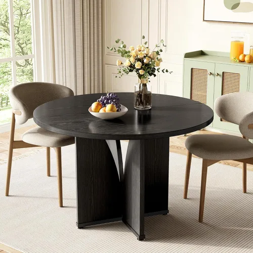 Vista 9 de LITTLE TREE Mesa de comedor redonda de 39 pulgadas para 4, mesa de cocina rústica con pedestal estable en forma de X, mesa de comedor