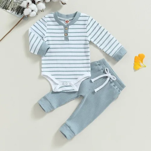 Vista 2 de Ropa de bebé recién nacido, ropa de punto acanalado, manga larga, pantalones de algodón sólido, trajes de otoño e invierno, 2 piezas