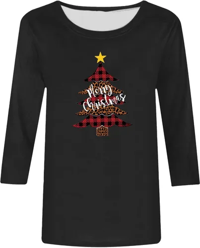 Vista 4 de Tuianres Women's Christmas 34 Sleeve Dressy Tops Loose Funny Christmas Tree Shirts Vacation Round Neck T-Shirt Tops