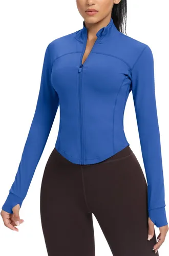 Vista 56 de AVGO Chaquetas de entrenamiento recortadas para mujer, con cremallera, ajustadas, atléticas, con agujeros para el pulgar