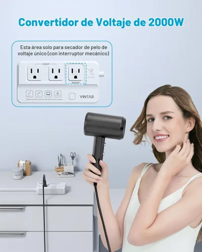 Vista 2 de VINTAR Convertidor de voltaje de 2000W 220V a 110V para secadores de pelo Blanco