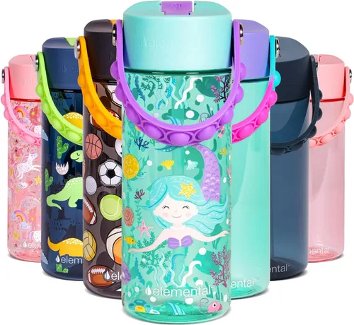 Vista 14 de Elemental Botellas de agua para niños – Botella de agua para niños Splash para la escuela con mango Pop-it – Botella de agua de plástico Tritan sin