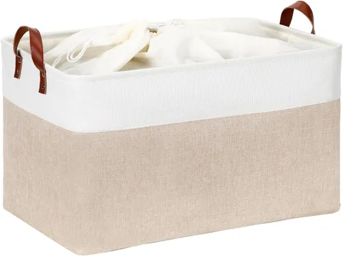 Vista 31 de DULLEMELO Cesta de almacenamiento pequeña para estantes, pequeña cesta plegable de tela rectangular para estantes, armarios, guardería, hogar Beige