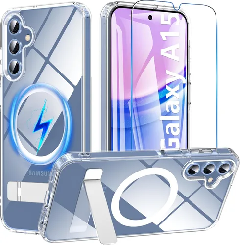 Vista 13 de OWKEY Funda magnética para Samsung Galaxy A15 5G con protector de pantalla y soporte, funda magnética para protección de grado militar Magsafe a