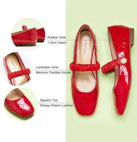 Vista 4 de C.Paravano Mary Jane Flats para mujer Zapatos de ballet para mujer Zapatos Mary Jane para mujer Zapatos planos de cuero con punta cuadrada, rojo