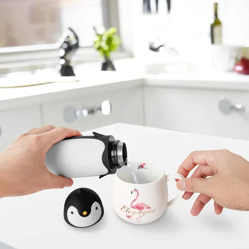 Vista 3 de Termo de acero inoxidable aislado al vacío, diseño de pingüino, taza de viaje, botella de té, agua y café