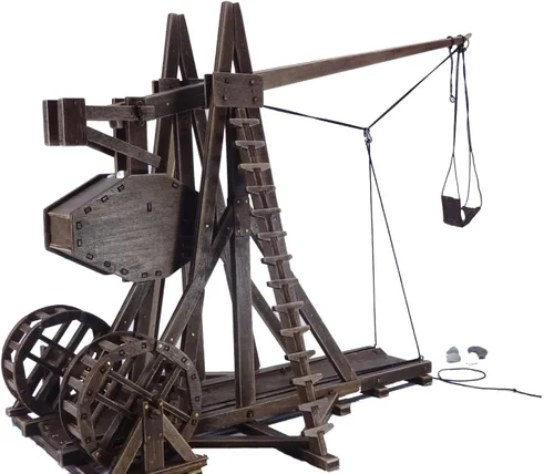 Vista 2 de GAWEGM Kits de construcción de modelos de madera - Kit de modelo de Trebuchet de carro antiguo - Máquina de bloques de lanzamiento, rueda giratoria