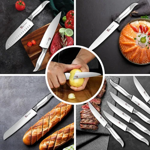 Vista 7 de SYOKAMI Juego de cuchillos japoneses para cocina, juego de cuchillos magnéticos con bloque y afilador, juego de cuchillos de acero inoxidable como